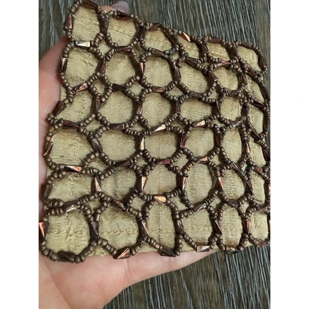 Vintage Gold Hand-Beaded Silk Coasters from India Set of 6 New